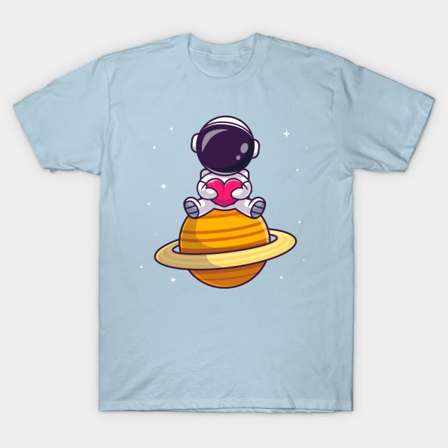 Cute Astronaut Sitting On Planet With Love Heart Cartoon T-Shirt by Catalyst Labs